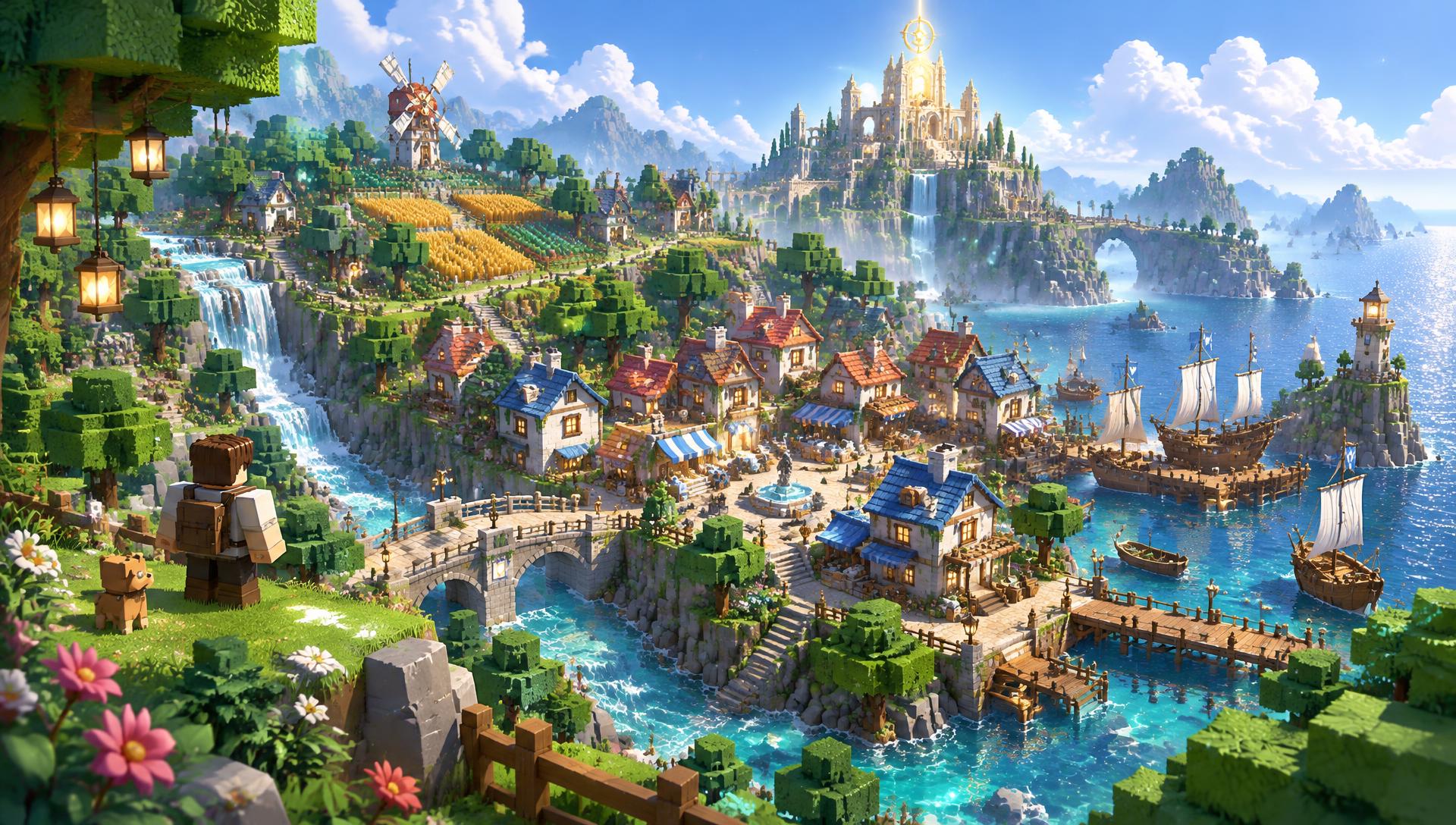 Concept artwork of Mistvale: Juno's cottages and harbour beneath a golden shrine on the hill