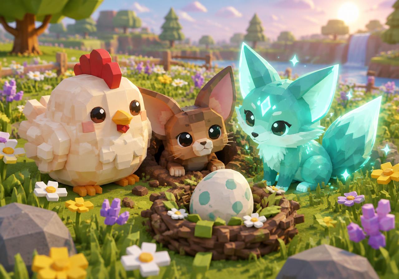 Concept artwork of Hen, Burrowcat and Sprite Fox beside a pet egg